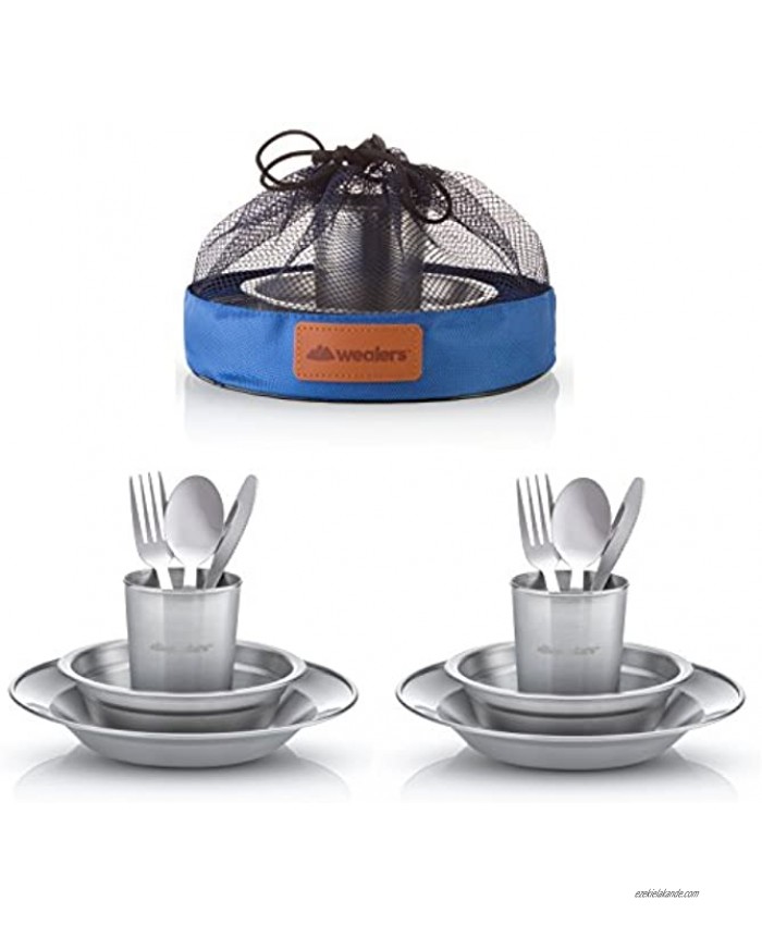 Unique Complete Messware Kit Polished Stainless Steel Dishes Set| Tableware| Dinnerware| Camping| Includes Cups | Plates| Bowls| Cutlery| Comes in Mesh Bags