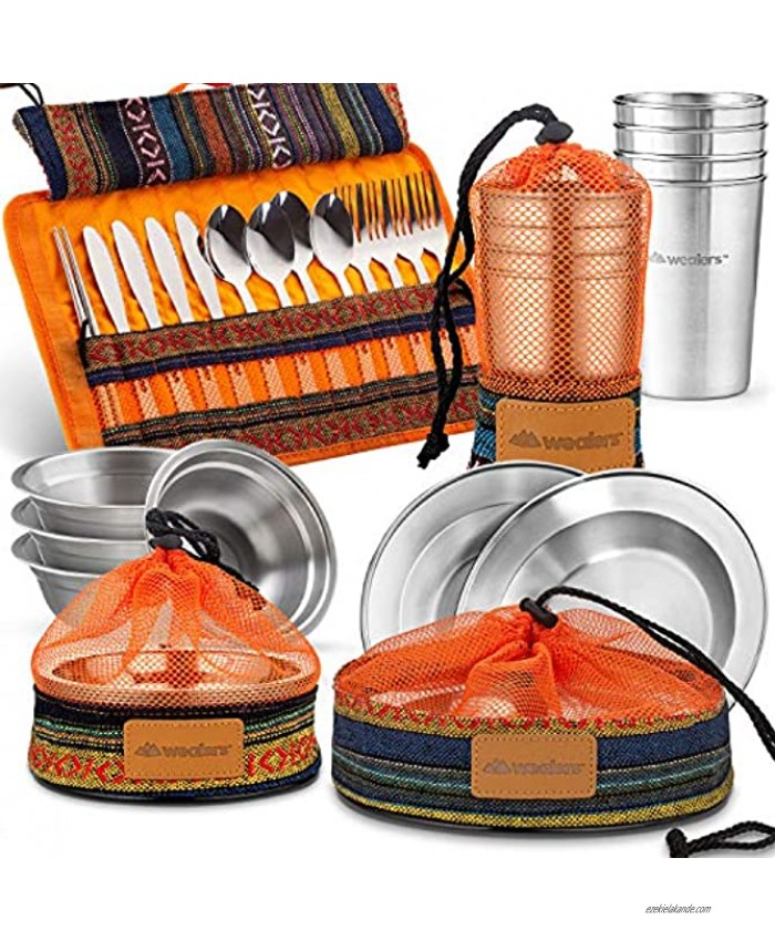 Wealers Unique Complete Messware Kit Polished Stainless Steel Dishes Set| Tableware| Dinnerware| Camping| Buffet| Includes Cups | Plates| Bowls| Cutlery| Comes in Mesh Bags 4 Person Set