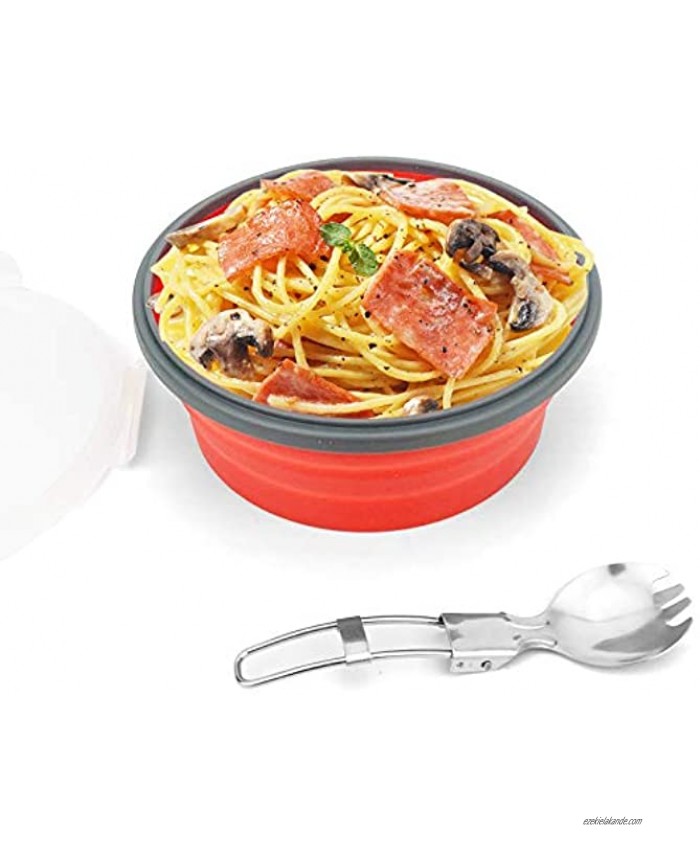 CCyanzi 1200ml Collapsible Camping Bowl Silicone Food Storage Container with Lid and Foldable Stainless Steel Fork Spoon for Picnic Travel Camping RV Fridge and Microwave Bowls