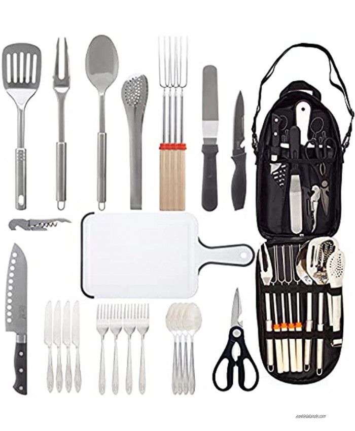 ANBrethren Portable Camping Kitchen Utensil Kit 31 Pcs Set Stainless Steel Outdor Cooking and Grilling Utensil Organizer Travel Set Perfect for Travel Picnics RVs Camping BBQs
