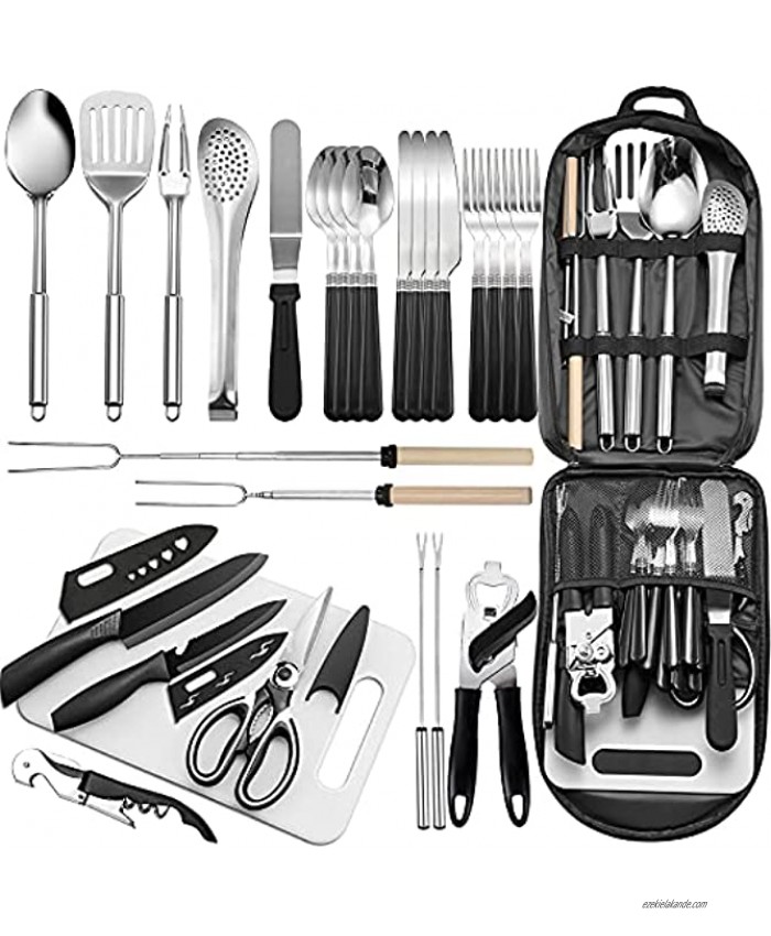 Portable Camping Kitchen Utensil Set-27 Piece Cookware Kit Stainless Steel Outdoor Cooking and Grilling Utensil Organizer Travel Set Perfect for Travel Picnics RVs Camping BBQs Parties and More