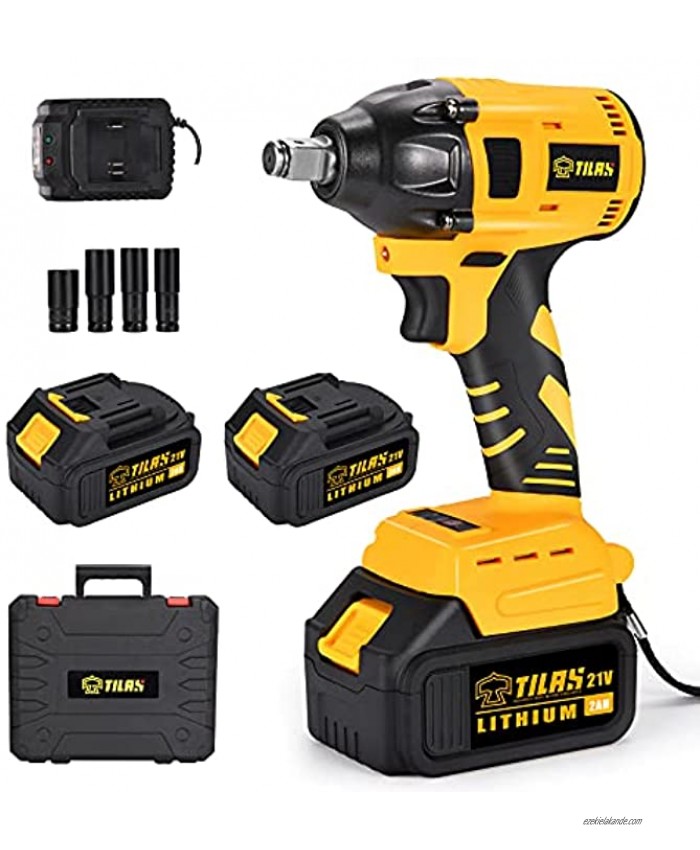 TILAX 21V Cordless Impact Wrench 1 2 350 Ft-lbs High Torque Electric Power Impact Wrench 2Ah ​Li-ion Bbattery2 2-Speed 4 Sockets Fast Chargers & Tool Box for Car Home.
