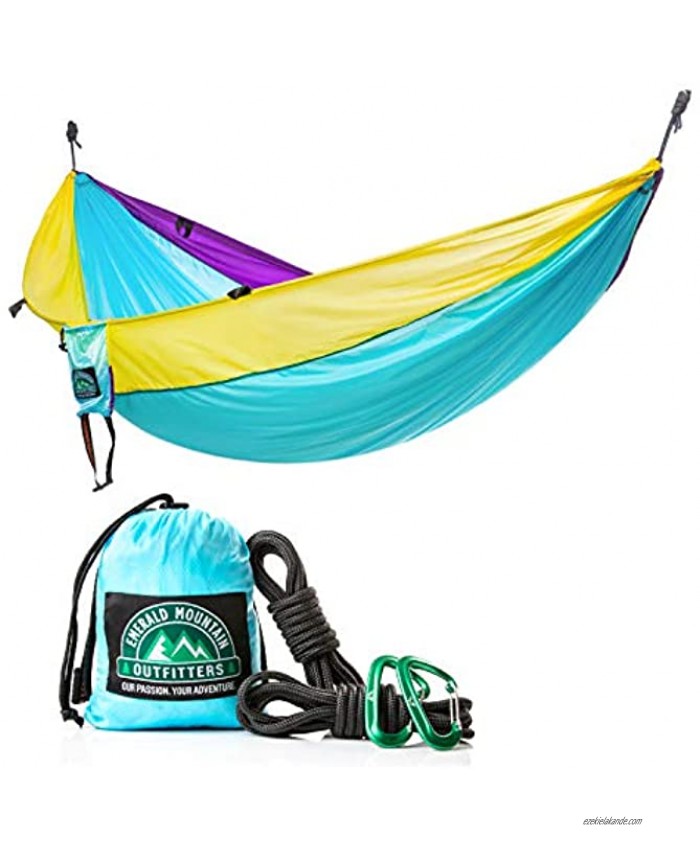 Camping Hammock for Outdoors Double Hammock Size Parachute Nylon Snag-Proof Carabiners 6 Gear Loops – Portable Hammock for Hiking Backpacking Travel by Emerald Mountain Outfitters