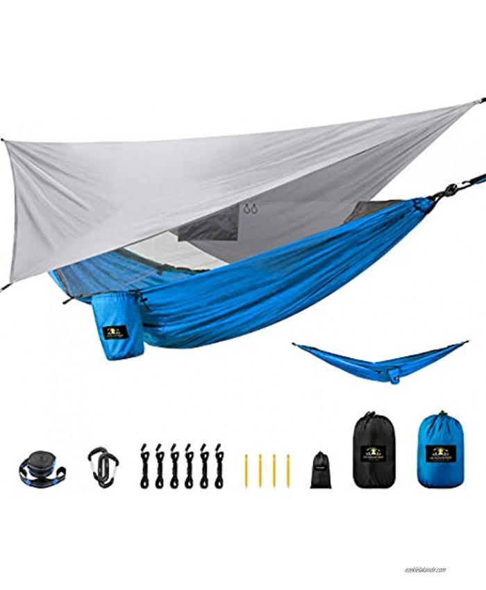 Deluxe Camping Hammock With Rain Fly and Bug & Mosquito Net – LEADVENST Parachute Hammock Tent and accessories Portable Camp Hammocks With Tree Straps and Tarp Cover – For Backpacking Travel Outdoor