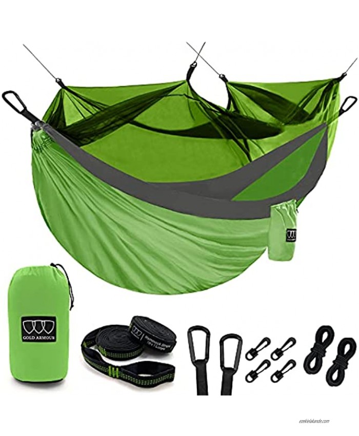 Gold Armour Camping Hammock with Mosquito Bug Net Double Parachute Lightweight Nylon Hammocks with Tree Straps Adult Kids Premium Camping Equipment Gear and Accessories Lime Green & Gray Double
