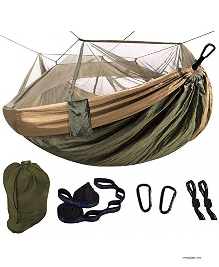 LOVE STORY Double & Single Camping Hammock with Mosquito Net Portable & Lightweight Tree Straps Easy to Hang Indoor Outdoor Olive,2 in 1 Multifunction
