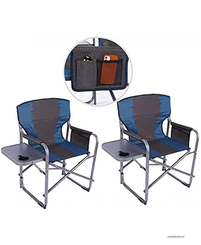 CAMPMAX Oversized Camping Chairs for Adults 2 Pack Sturdy Heavy Duty Folding Director Chair with Side Table Portable for Outdoor Outside Sport Lawn Blue 2 Pack