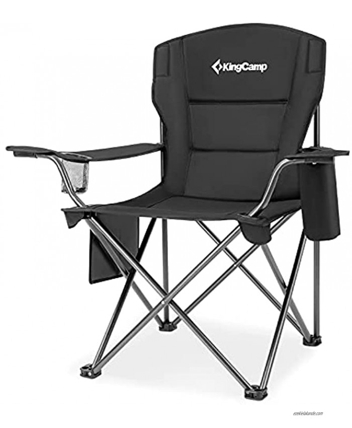 KingCamp Oversized Heavy Duty Outdoor Camping Folding Chair Ultralight Collapsible Padded Arm Chair with Cooler Cup Holder Side Pocket Supports 300 lbs Black