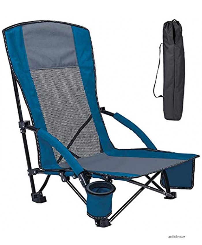 XGEAR Low Seat Lightweight Folding Beach Chair with Cup Holder and Carry Bag High Back Mesh Back Sand Chair for Beach Lawn Camping Travel Support Up to 300 lbs. 1-Pack Blue