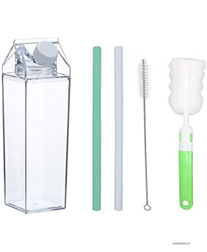 17oz 1 Pack Milk Carton Water Bottle Clear Transparent Drinking Cup Reusable Creative Eco Leakproof Bottles + 2 Silicone Straw A Clear 1