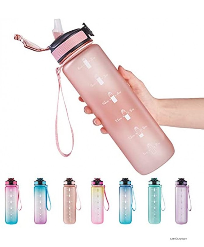 EYQ 32 oz Water Bottle with Time Marker Carry Strap Leak-Proof Tritan BPA-Free Ensure You Drink Enough Water for Fitness Gym Camping Outdoor Sports