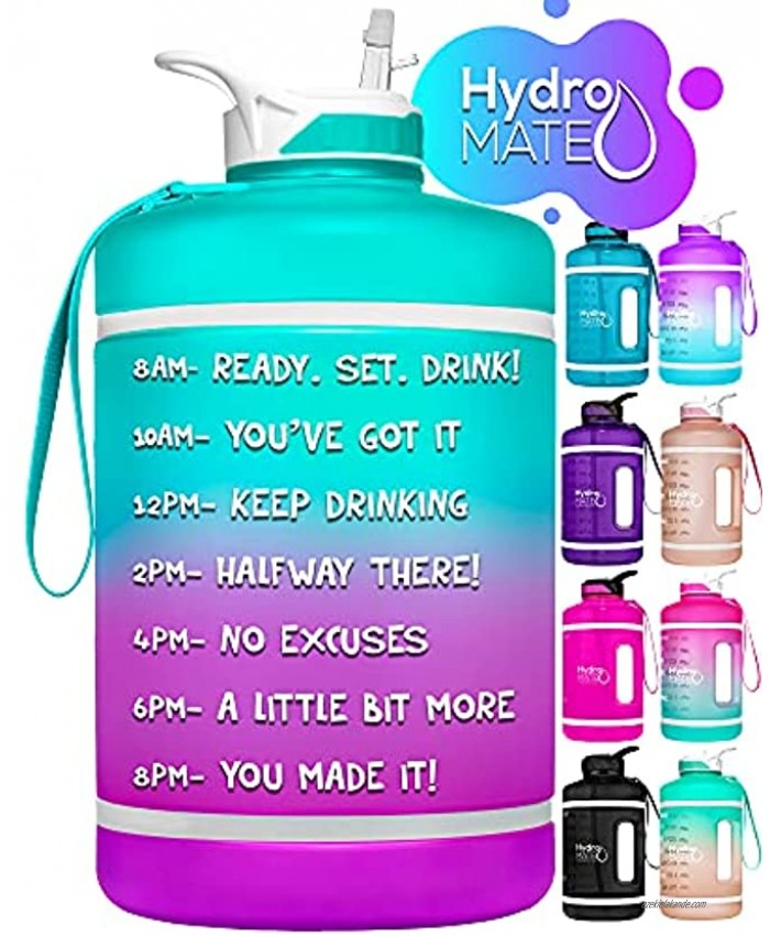 HydroMATE Gallon Motivational Water Bottle with Time Marker with Straw and Handle Large Reusable BPA Free Leak Proof Jug Times Marked to Drink More Water Daily Hydro MATE 1 Gal 128 oz
