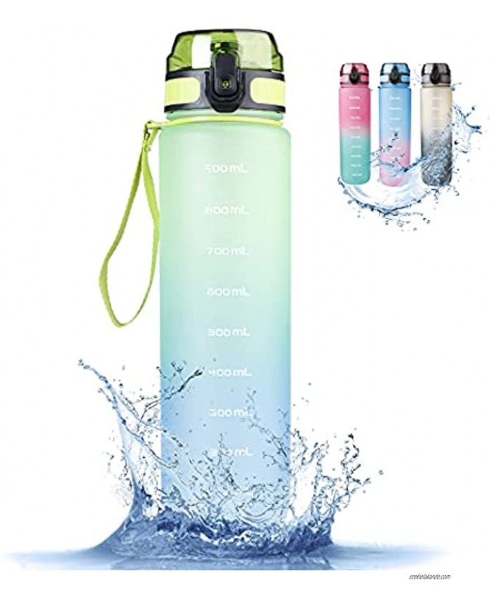 LAMONKE 32 oz Water Bottles-Motivational Water Bottles with Capacity Marker Leakproof Tritran BPA Free Sport Water Bottle for Fitness Gym School Office and Outdoor Sports Green Blue Gradient