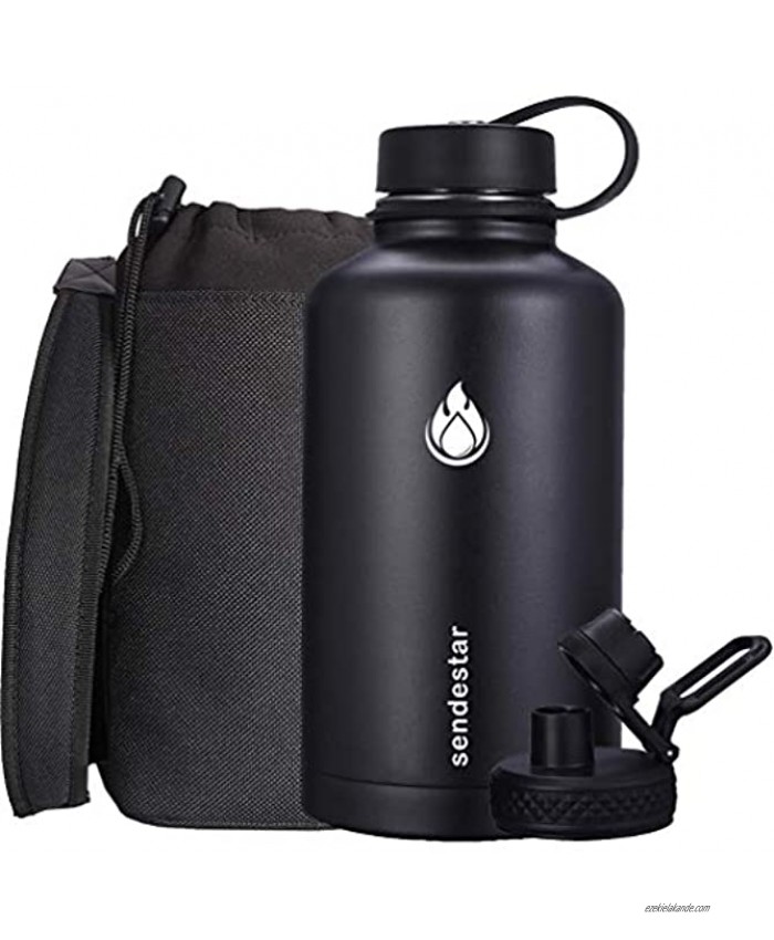 SENDESTAR Stainless Steel Water Bottle-12oz 24oz 40oz or 64oz with New Straw Lid or Spout Lid Keeps Liquids Hot or Cold with Double Wall Vacuum Insulated Bottle 64 oz-Black