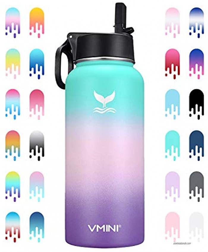 Vmini Water Bottle with New Wide Handle Straw Lid Wide Mouth Vacuum Insulated 18 8 Stainless Steel 32 oz Gradient Mint + Pink + Purple