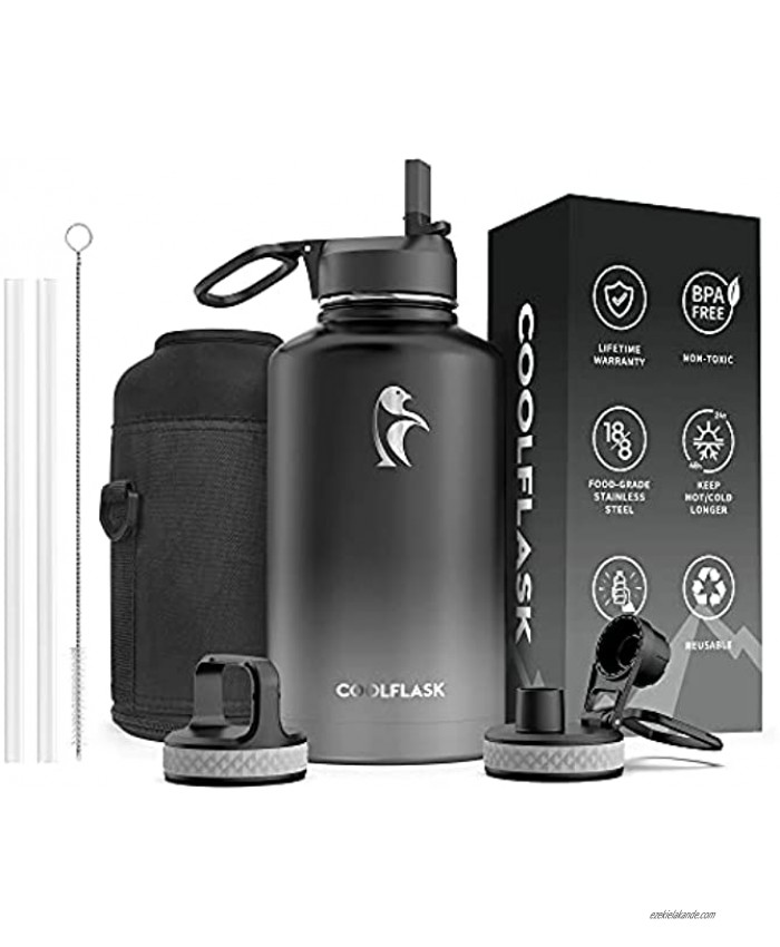 Water Bottle 64 oz with Reusable Straw & Spout Lid Coolflask Vacuum Stainless Steel Wide Mouth Half Gallon Thermo Canteen Mug Sweat-Proof BPA-Free Keep Cold for 48 Hrs or Hot for 24 Hrs Piano Night