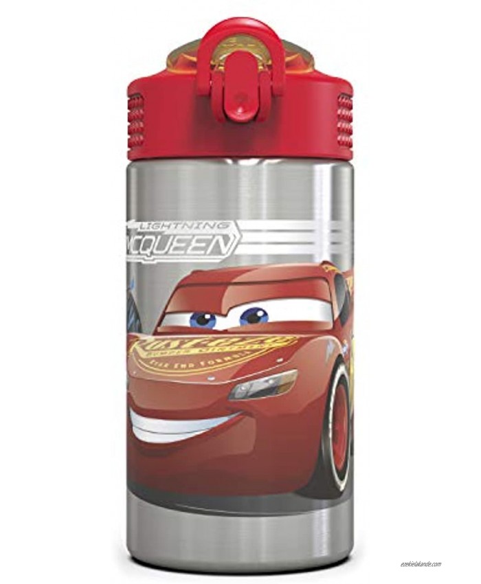 Zak Designs Disney Cars 3 Stainless Steel Water Bottle with One Hand Operation Action Lid and Built-in Carrying Loop Kids Water Bottle with Straw Spout is Perfect for Kids 15.5 oz 18 8 BPA-Free