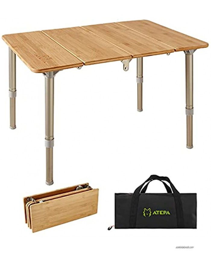 ATEPA Outdoor Folding Portable Bamboo Table Small 4-Fold Adjustable Height Compact Lightweight Camping Picnic Beach Table with Carrying Bag L23.6” x W15.7”xH11.8''-15.7''