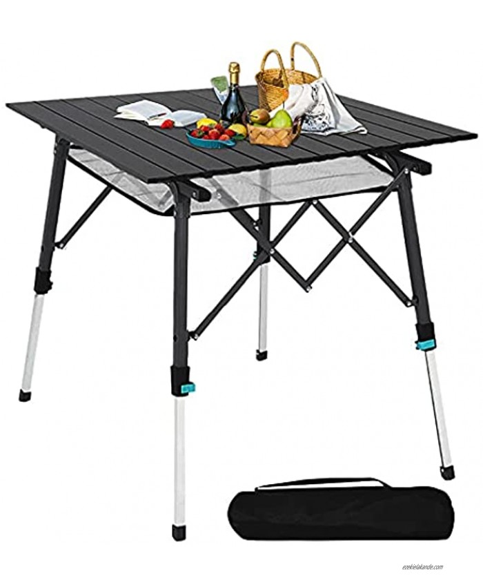 MONMUS Portable Folding Table Camping Table Picnic Table with Aluminum Legs Adjustable Height Roll Up Table Top Mesh Layer for Outdoor Picnic Fishing Backyard and Home Use Black