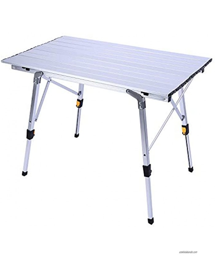 REDCAMP Aluminum Camping Table with Roll Up Table Top Portable Folding Outdoor Camp Table with Collapsible Adjustable Height Legs and Carry Bag Silver