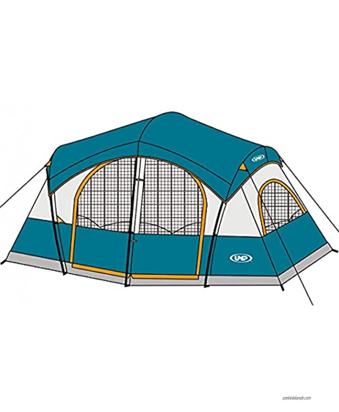 UNP Tents for Camping with 1 Mesh Door & 5 Large Mesh Windows 14' x 14' x78in 8 Person Tent Waterproof Windproof Easy Setup 5min Family Tent with Dividers Awning 2 Room