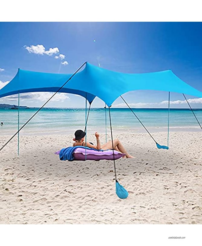 Beach Tent Sunshade 10 × 10 ft Portable Beach Shade with 4 Poles and Carry Bag UPF 50+ Sun Protection Anchored by Sand Sun Shelter for Beach Fishing Backyard Camping and Outdoors Blue