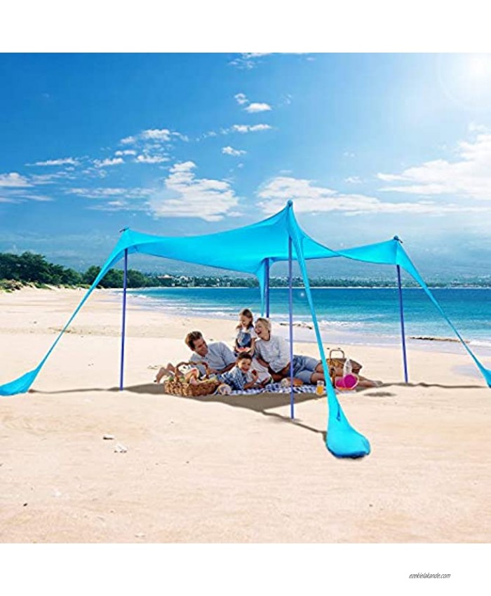 KMM Beach Tent Sun Shade with UPF50+ UV Protection,10X10ft Beach Canopy with 4 Poles Pop Up Sun Shelter for Beach Camping Fishing Backyard and Picnics