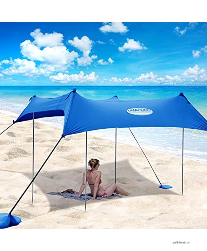 UMARDOO Family Beach Tent with 4 Aluminum Poles Pop Up Beach Sunshade with Carrying Bag Blue 10X9 FT