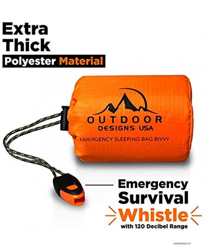 Outdoor Designs USA Emergency Waterproof Bivy Sack Sleeping Bag with Survival Gear Whistle Ultra Lightweight Compact Thermal Blanket Reflective Reusable Durable Bivvy