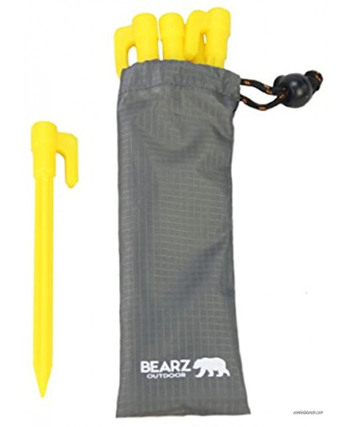 BEARZ Outdoor Tarp Stakes Plastic Stakes Light Stakes for Beach Blankets Small Tent Stakes Stakes with an Anchor Safety Yellow Camping Stakes Tent Pegs Sand Stakes Ground Stakes 5.9in Pack of 4