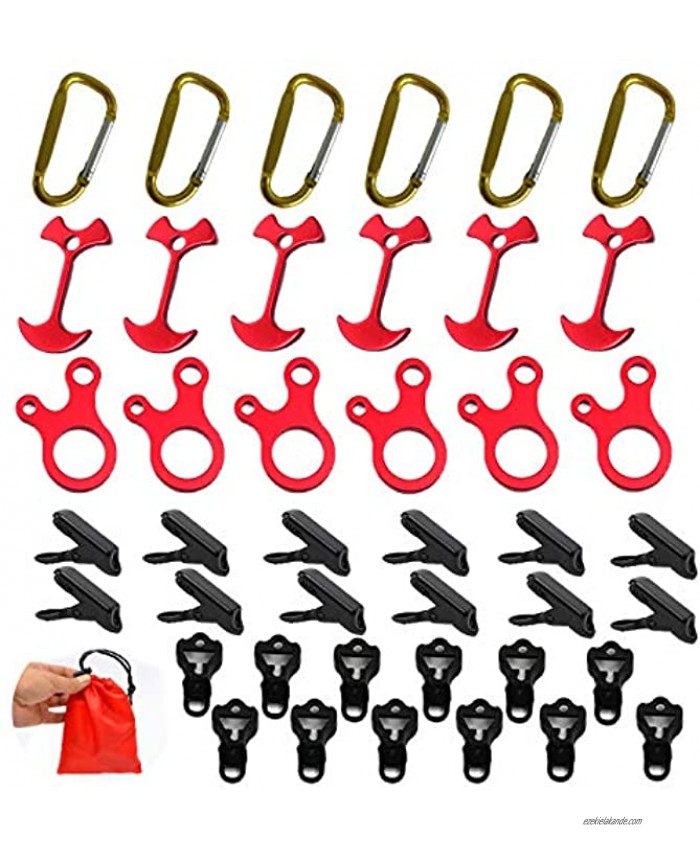 BSGB 43PCS Aluminum Alloy Fish Bone Anchor Deck Plank Board Tent Stakes D Carabiner Wind Rope Buckle 3 Hole Guyline Adjuster Tent Cord Rope Tensioner Alligator Camping Tent Awning Tarp