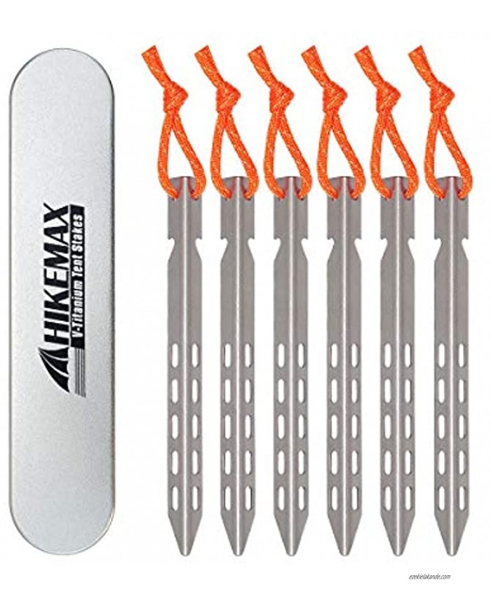 Hikemax Ultralight Titanium Tent Stakes 6 Pack V-Shaped Tent Pegs with Reflective Pull Cords Made for Camping