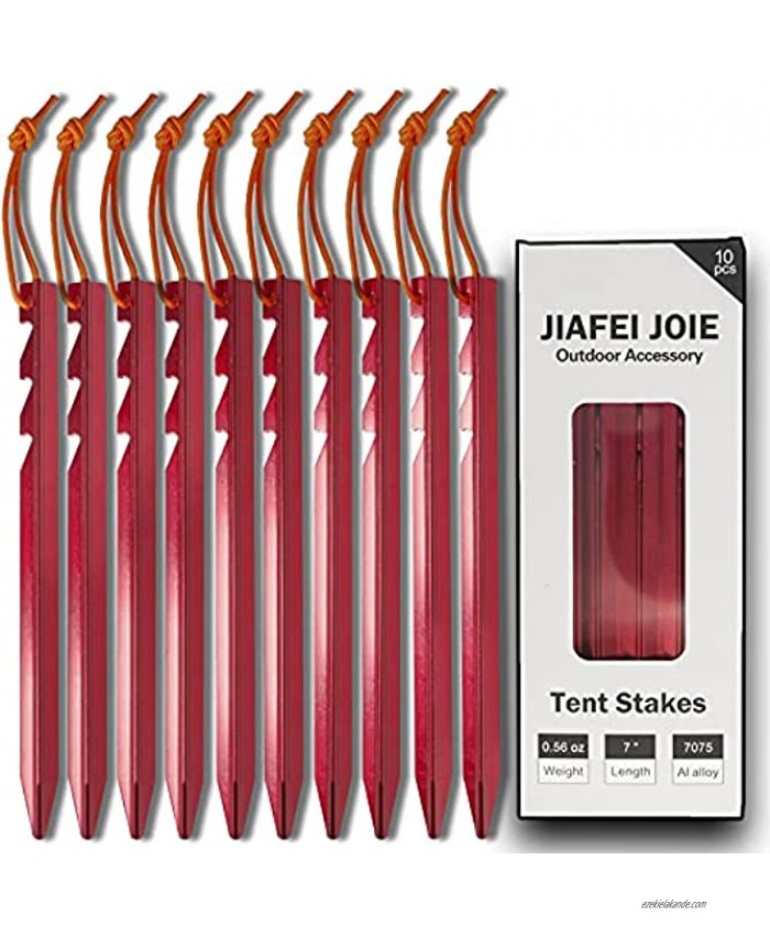 JIAFEI JOIE Aluminum Alloy Tent Stakes 10Pcs Triangular Tent Pegs 7075 Ultralight High Strength Durable Anchors 7 Inches Y-Beam Protruding Serration Reflective Pull Rope for Camping Tent Canopy