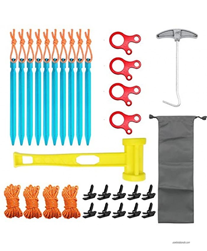 Seasonsky 30 PCS Aluminum Lightweight Tent Stakes Set Camping Tent Stakes Accessories Kit 10 PCS Tent Stakes Plastic Hammer Tent Clip Nail Puller and Rope with Guylines Adjuster for Easy Camping