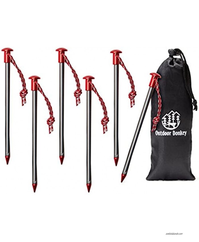 StayPut! Aero 7075 Lightweight Aluminum Anchor Peg Tent Stakes with Reflective Pull Cords and Storage Bag for Hammock Camping and Backpacking 6-Pack Storage Pouch Titanium Gray & Red