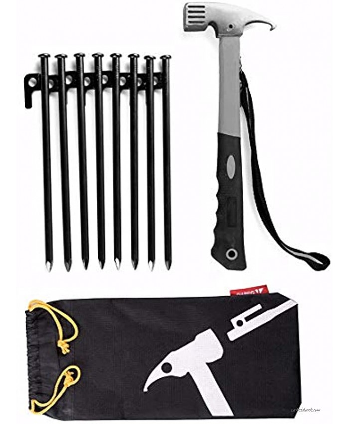 Tent Stakes and Camping Hammer 8pcs 10in Heavy Duty Forged Steel Tent Stakes + 12in Heavy Duty Camping HammerGrey + Storage Pouch Available in Rocky Place Dessert Snowfield and Grassland