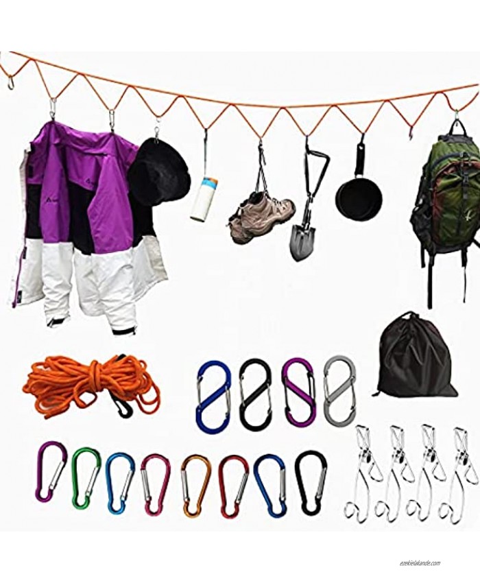 Campsite Storage Strap Camping Clothesline with Clips Cool Camping Stuff Camp Rope,Camping Rope with 12 PCS Loops Buckles & 4 PCS Clothes Pins for Hanging Camping Gear Tent Accessories