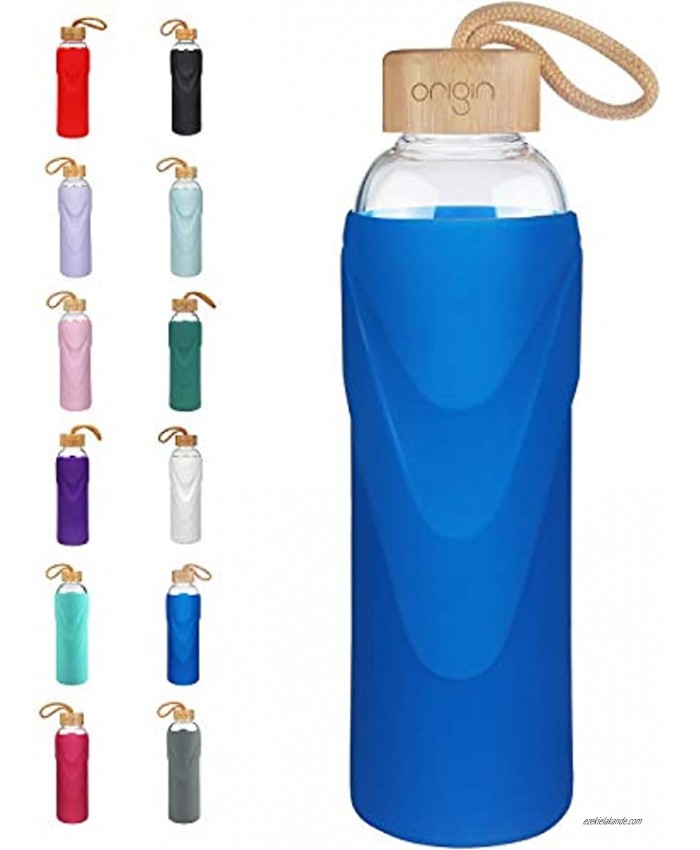 Best BPA-Free Glass Water Bottle With Protective Silicone Sleeve and Bamboo Lid Dishwasher Safe Royal Blue 32 oz Royal Blue