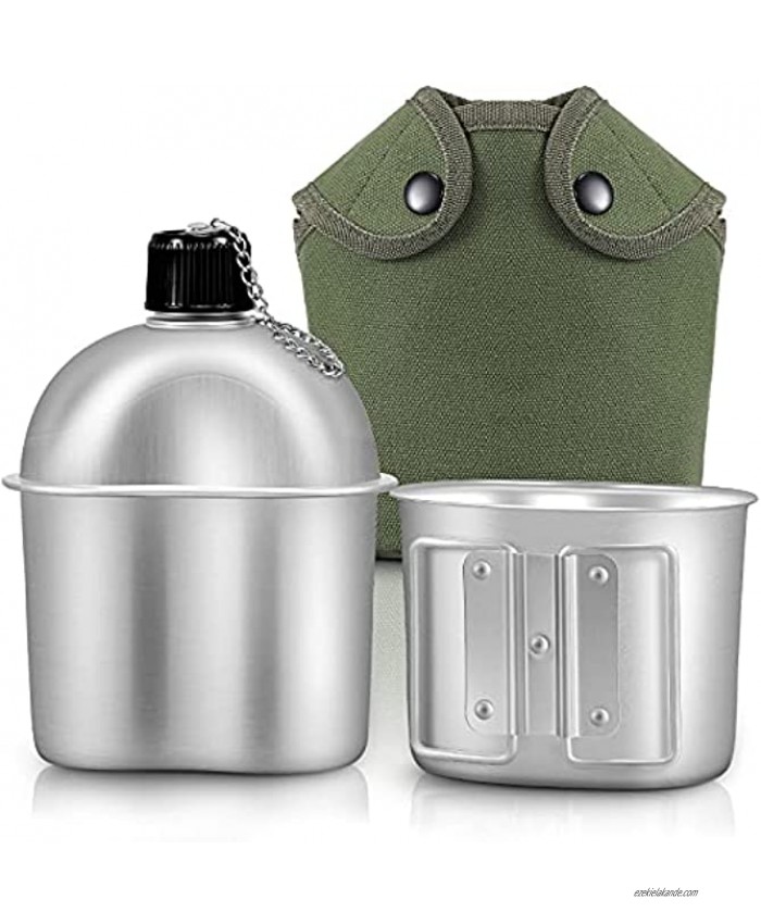 Military Canteen Cookware Set Include 1 QT Military Army Aluminum Alloy Canteen 0.5 QT Multi-Functional Water Bottle with Grab Handled Cup Green Canvas Cover Bag for Outdoor Camping Hiking