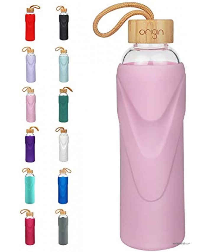 Origin Best BPA-Free Glass Water Bottle With Protective Silicone Sleeve and Bamboo Lid Dishwasher Safe – 22 Ounce Ash Rose