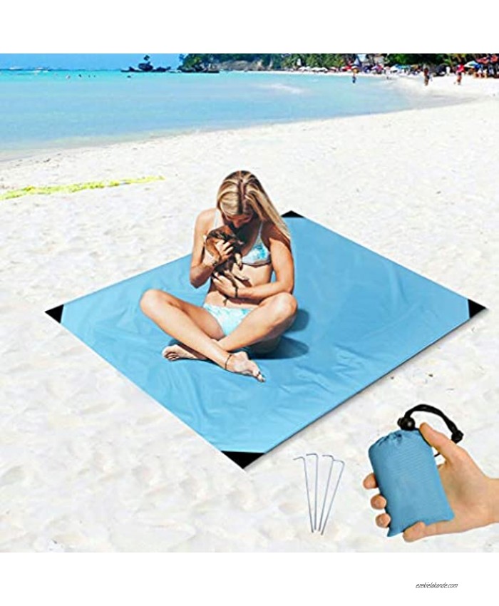 Beach Blanket Sand Proof and Waterproof Pocket Sized Picnic Mat 67 X 55 Quick Drying Nylon Best Outdoor Beach Mat for Camping Travel Hiking Festival and Sports 4 Ground Stakes Included