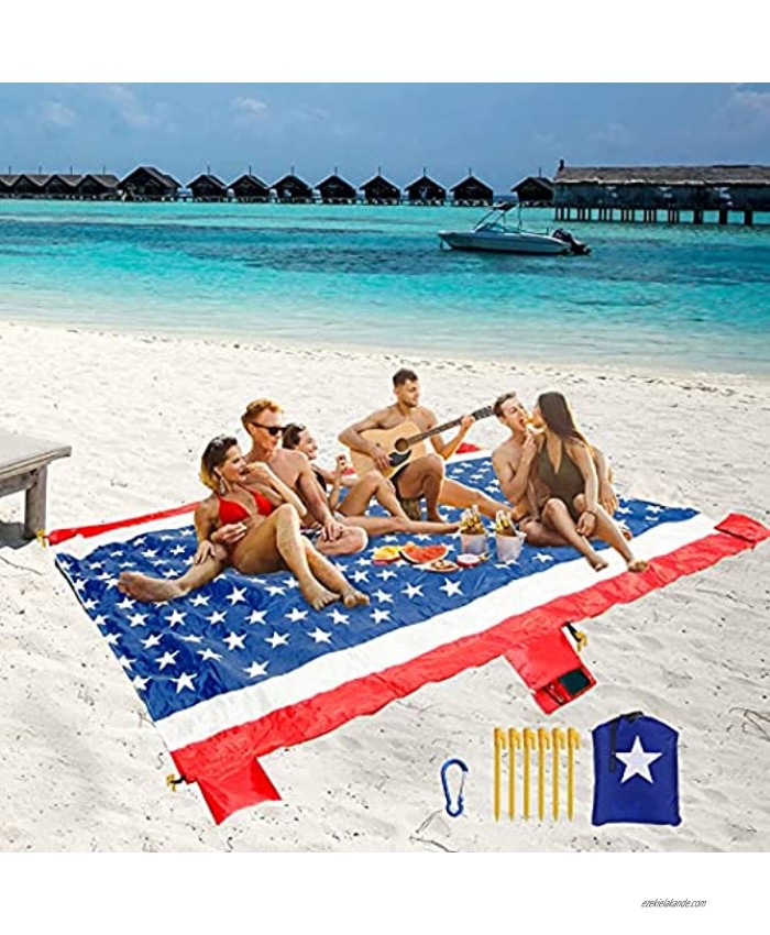Beach Blanket Sandproof ,Oversized 10'x8' for 4-8 Adults Outdoor Picnic Blankets,Sand Free Waterproof Beach Mat,USA Flag Patriotic Theme Compact Durable Outdoor Mat for Vacation,Camping,Park