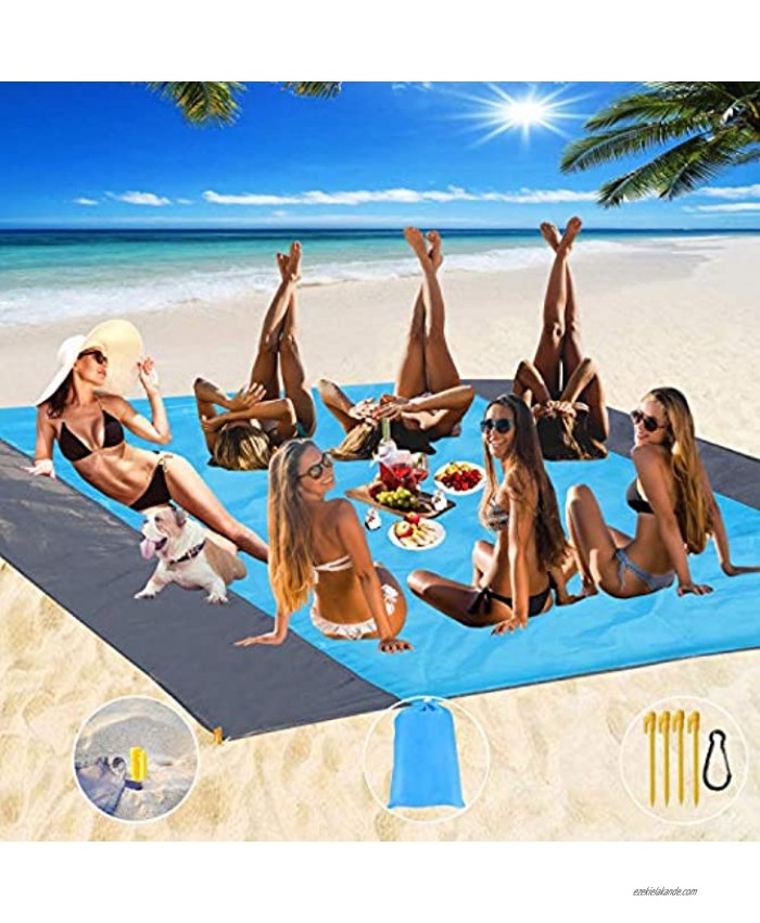 Fashion Beach Blanket Oversize 108 x 120 for 10-12 AdultWaterproof Outdoor Portable Picnic Mat with 4 x Stakes & Corner Pockets Beach Mat for Travel Camping Hiking Music Festivals BBQ Blue