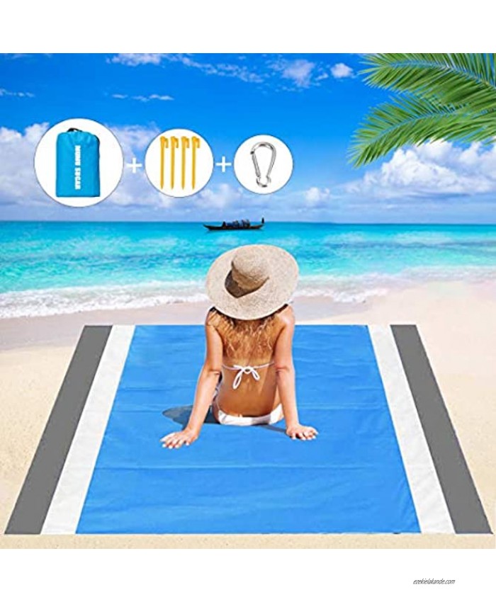 Mumu Sugar Sand Free Beach Blanket 79''×83'' Extra Large Outdoor Picnic Blanket Waterproof Sand Proof Beach Mat for Travel Camping Hiking and Music Festivals Gray-White-Blue
