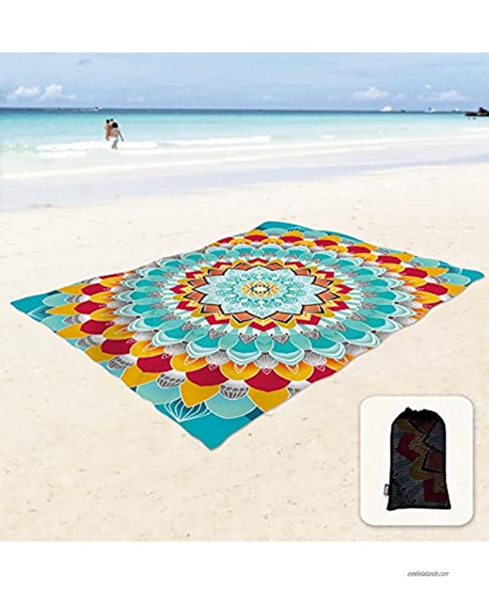 Sunlit Silky Soft 85x72 Boho Sand Proof Beach Blanket Sand Proof Mat with Corner Pockets and Mesh Bag for Beach Party Travel Camping and Outdoor Music Festival Peacock Blue Flower Mandala