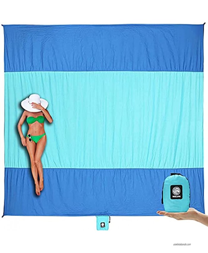 Wekapo Beach Blanket Sandproof Extra Large Oversized 10'X 9' for 2-8 Person Beach Mat Big & Compact Sand Free Mat Quick Drying Lightweight & Durable with 6 Stakes & 4 Corner Pockets
