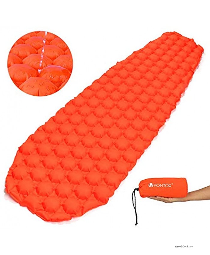 V VONTOX Sleeping Pad – Ultralight Inflatable Sleeping Mat Best Self Serving Pad for Camping Suitable for Camping Backpacking Hiking Outing Mountaineering – Carry Bag Repair Kit -Orange Round