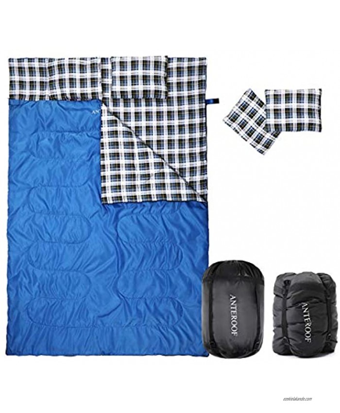 Double Sleeping Bag Cotton Flannel Waterproof Outdoor Backing Sleeping Bag with 2 Pillow and Compression Bag Camping Envelope Sleeping Bag for Adults & Kids Camping Gear Equipment Traveling