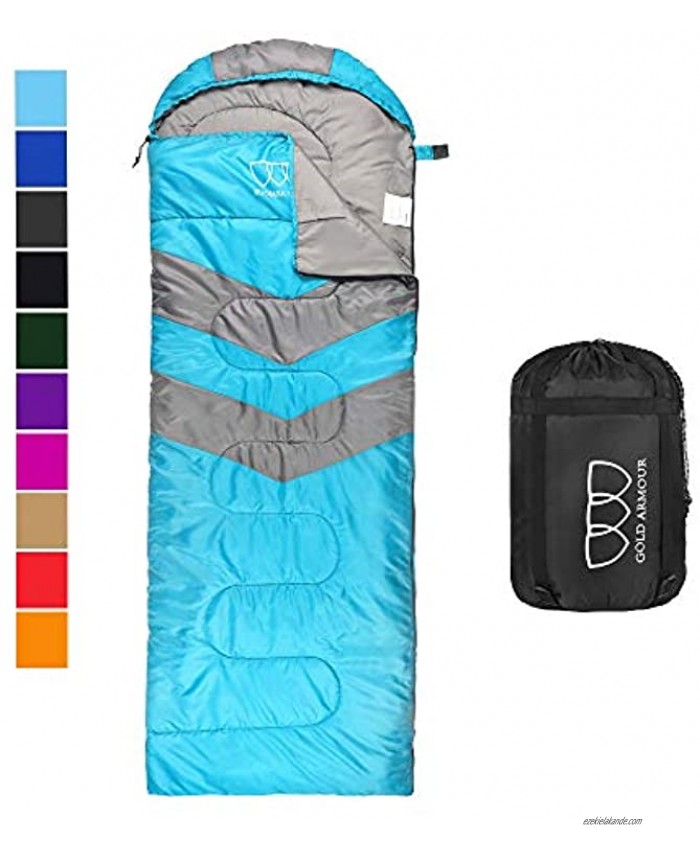 Gold Armour Sleeping Bags for Adults Kids Boys Girls Backpacking Hiking Camping Cold Warm Weather 4 Seasons Indoor Outdoor Use Lightweight & Waterproof Sky Blue Gray Left Zipper