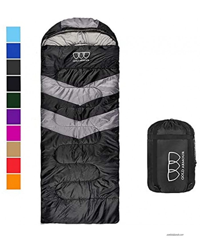 Gold Armour Sleeping Bags for Adults Kids Boys Girls Backpacking Hiking Camping Cold Warm Weather 4 Seasons Indoor Outdoor Use Lightweight & Waterproof Black Gray Left Zipper